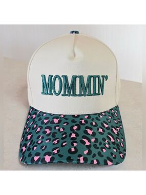 MOMMIN’ Leopard Print Trucker Hat | Teal Pink Cheetah Adjustable Mom Cap - New